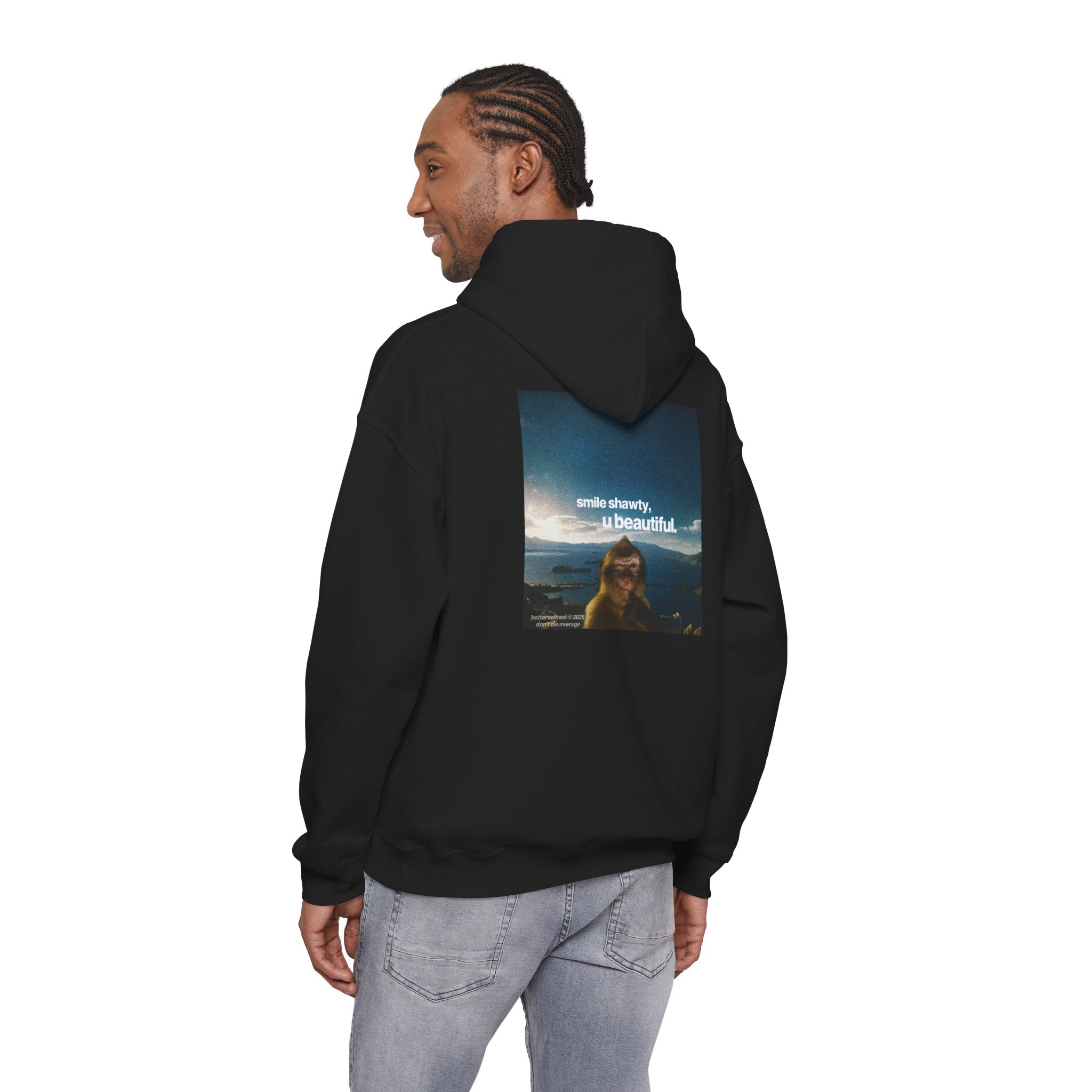 betterself star logo "smile shawty" monkey graphic hoodie
